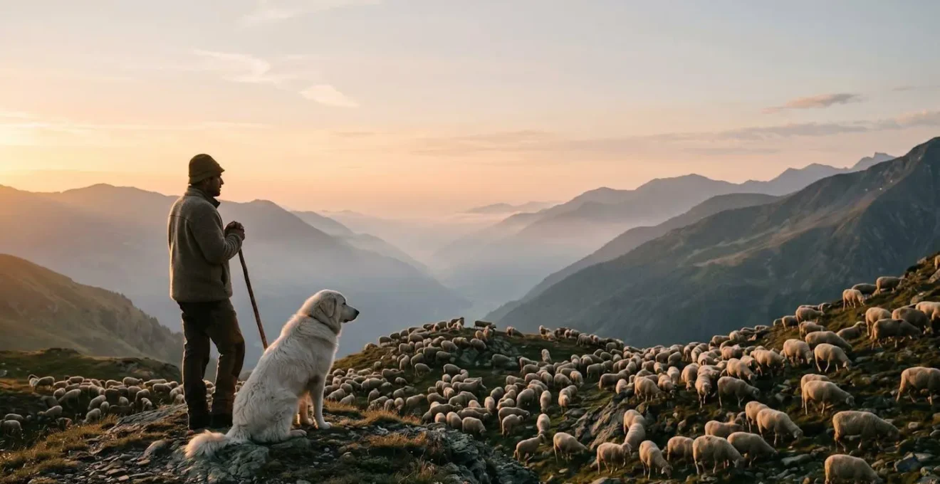 Berger surveillant un troupeau de brebis en montagne au lever du jour avec chien de protection