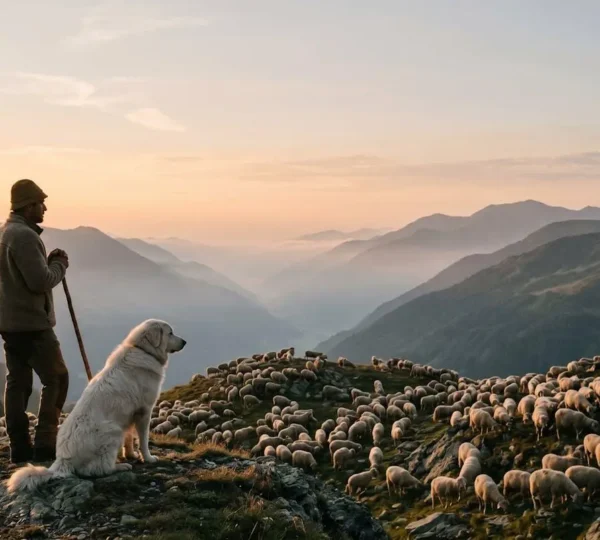 Berger surveillant un troupeau de brebis en montagne au lever du jour avec chien de protection