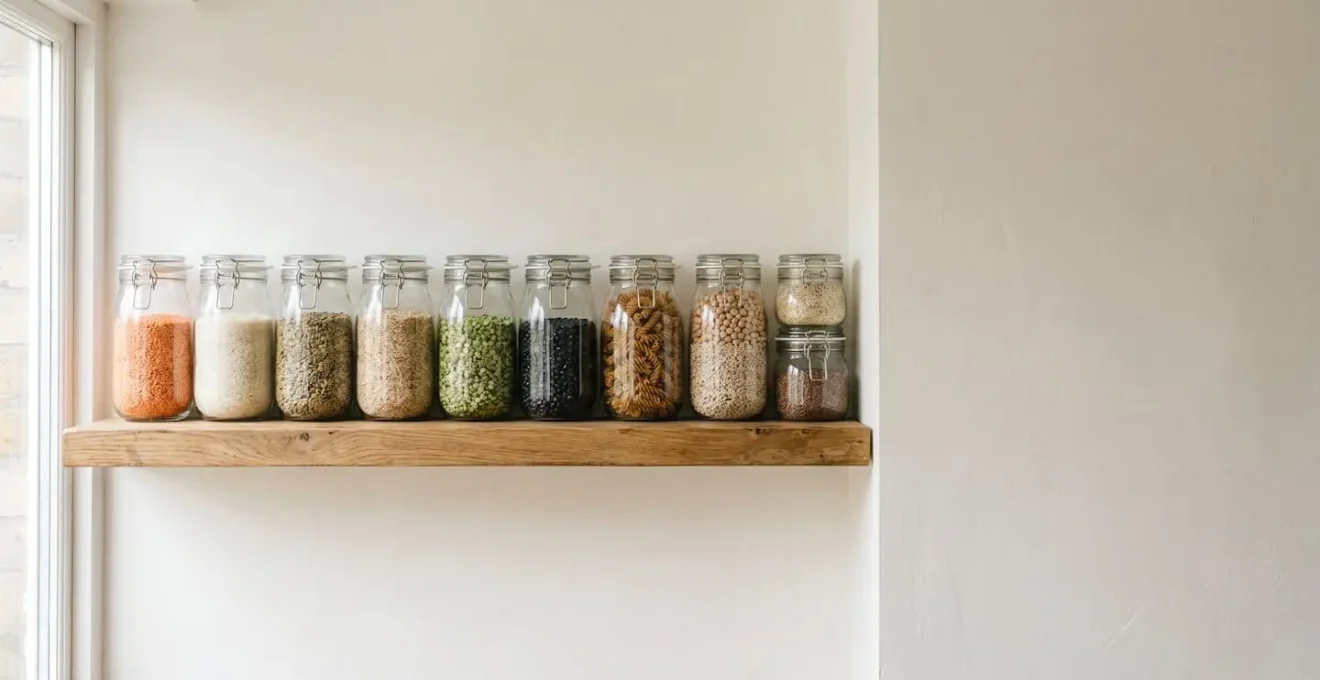 Bocaux en verre hermétiques remplis de légumineuses et céréales en vrac sur une étagère de cuisine organisée