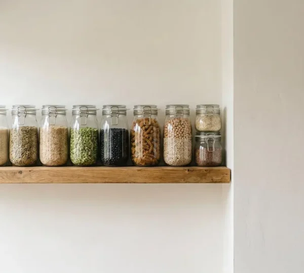 Bocaux en verre hermétiques remplis de légumineuses et céréales en vrac sur une étagère de cuisine organisée