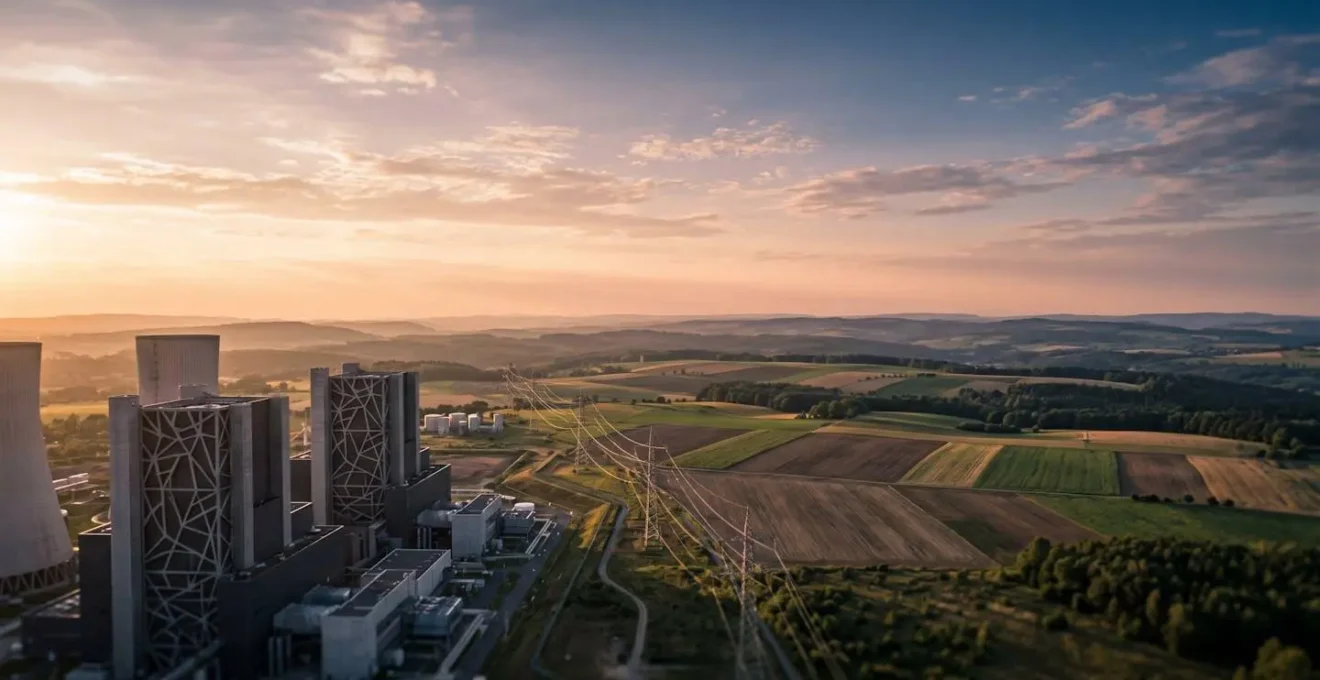 Vue aérienne d'une infrastructure énergétique moderne illustrant le débat sur le mix énergétique français avec infrastructures électriques et paysage naturel