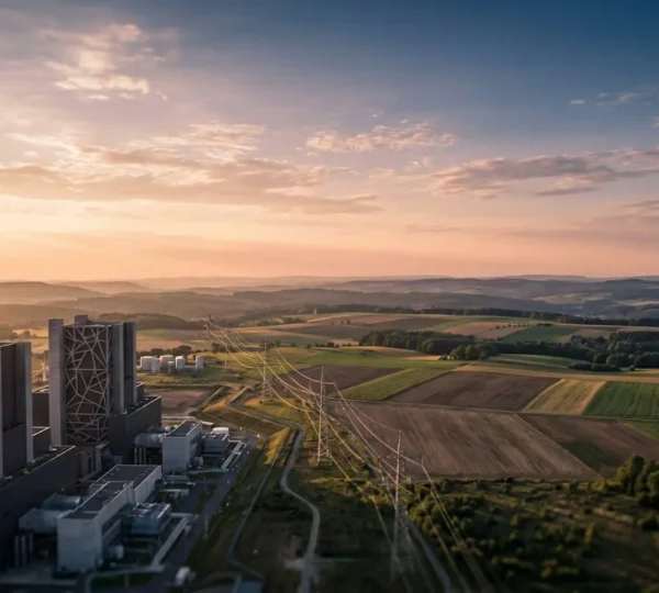Vue aérienne d'une infrastructure énergétique moderne illustrant le débat sur le mix énergétique français avec infrastructures électriques et paysage naturel