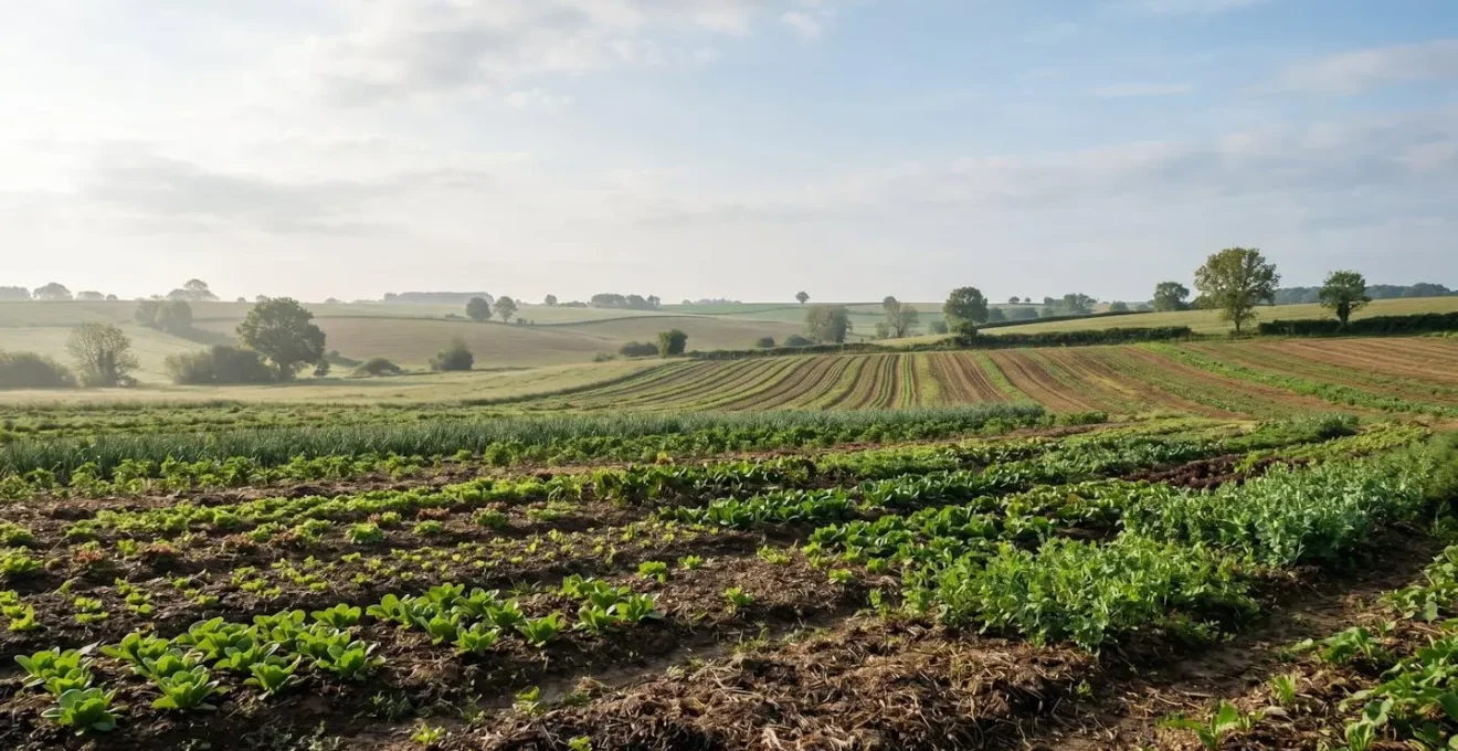 Parcelle agricole en transition agroécologique montrant un sol riche et des cultures diversifiées