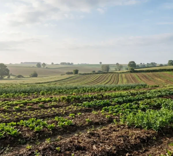 Parcelle agricole en transition agroécologique montrant un sol riche et des cultures diversifiées