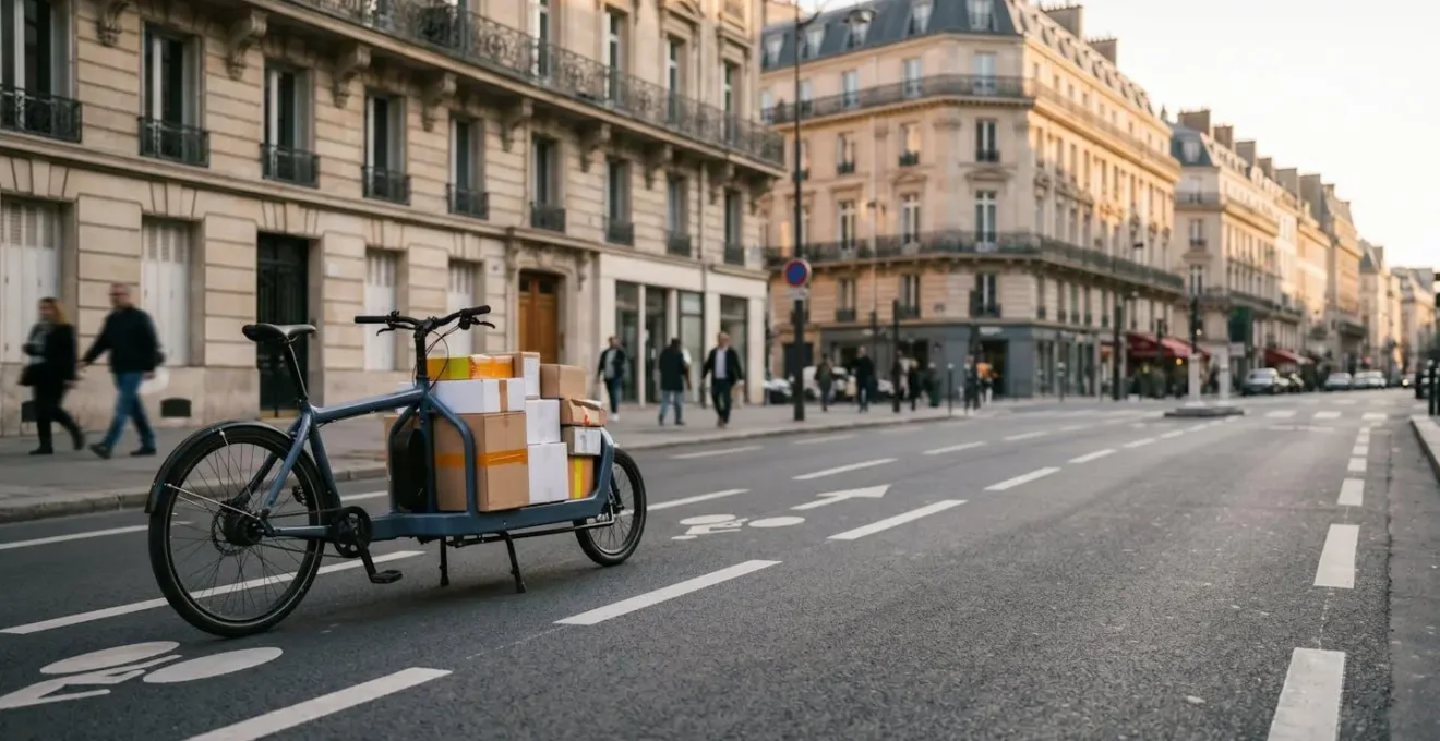 Commerçant préparant des colis sur un vélo-cargo électrique dans une rue urbaine française