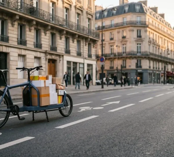 Commerçant préparant des colis sur un vélo-cargo électrique dans une rue urbaine française