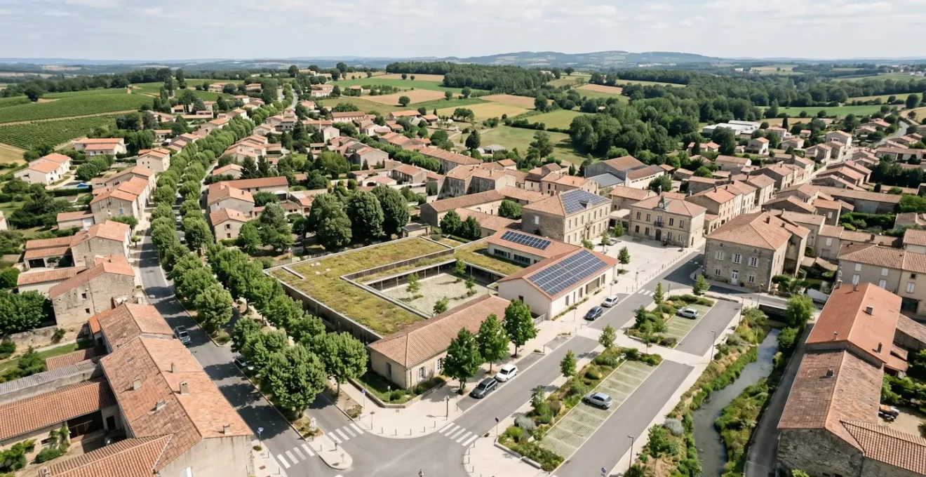 Vue aérienne d'une commune française intégrant des solutions climatiques durables avec espaces verts et aménagements urbains résilients