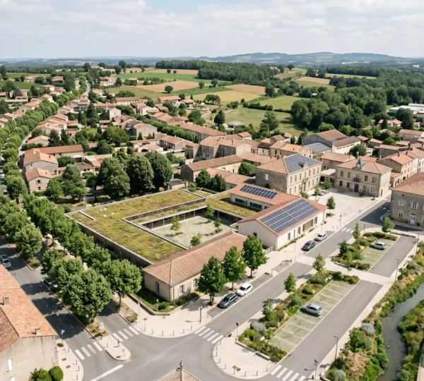 Vue aérienne d'une commune française intégrant des solutions climatiques durables avec espaces verts et aménagements urbains résilients