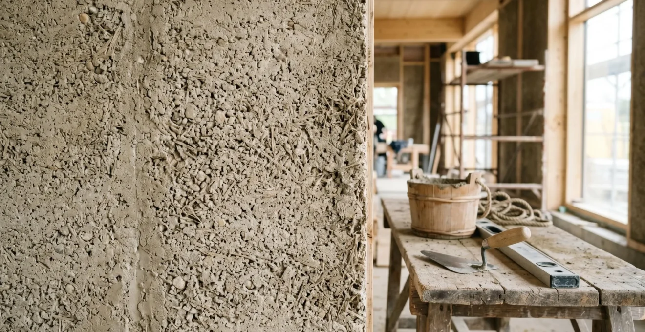 Mur en béton de chanvre en cours de construction avec détails de texture naturelle et outils de mise en œuvre