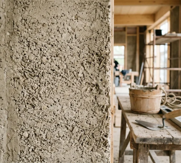 Mur en béton de chanvre en cours de construction avec détails de texture naturelle et outils de mise en œuvre