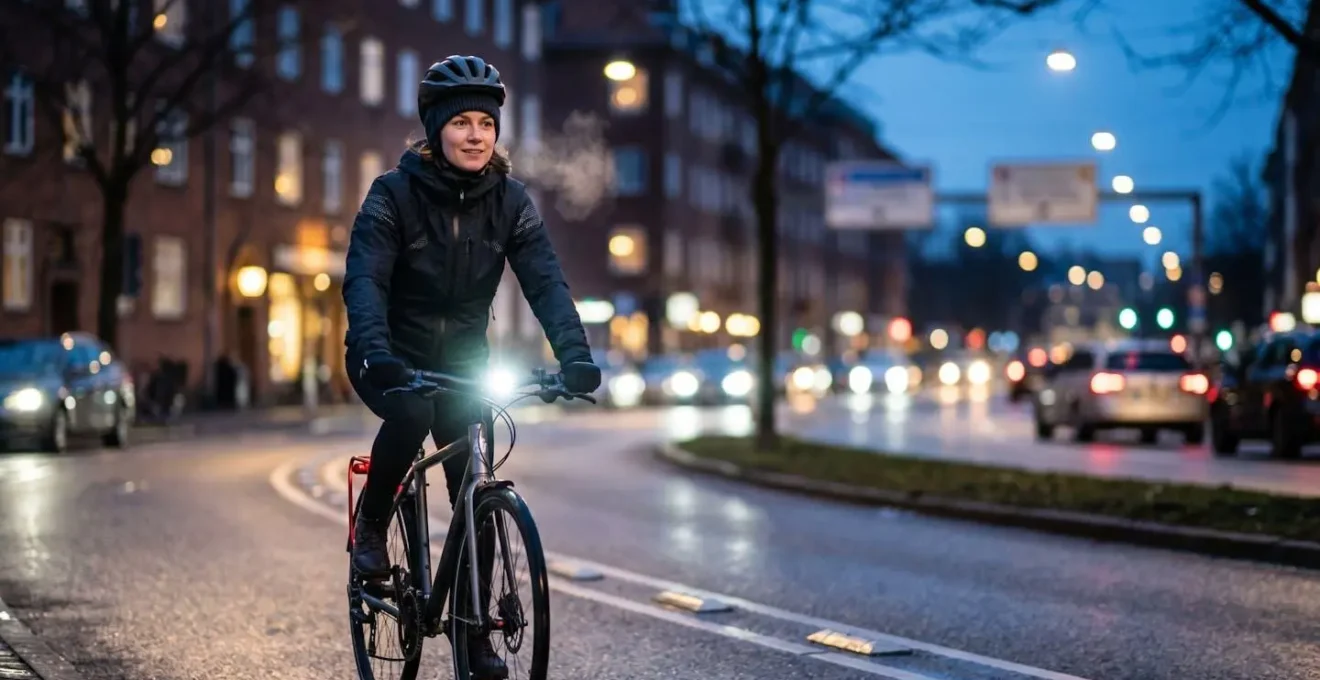 Cycliste urbain en tenue technique roulant au crépuscule hivernal sur piste cyclable
