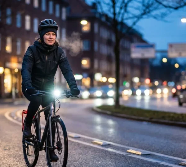 Cycliste urbain en tenue technique roulant au crépuscule hivernal sur piste cyclable