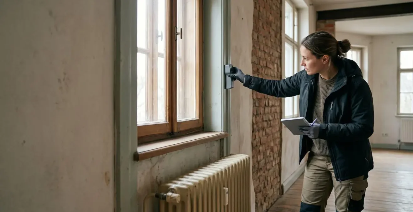 Professionnel réalisant un diagnostic de performance énergétique dans une maison ancienne