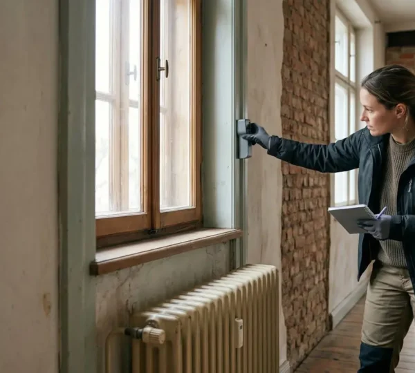 Professionnel réalisant un diagnostic de performance énergétique dans une maison ancienne
