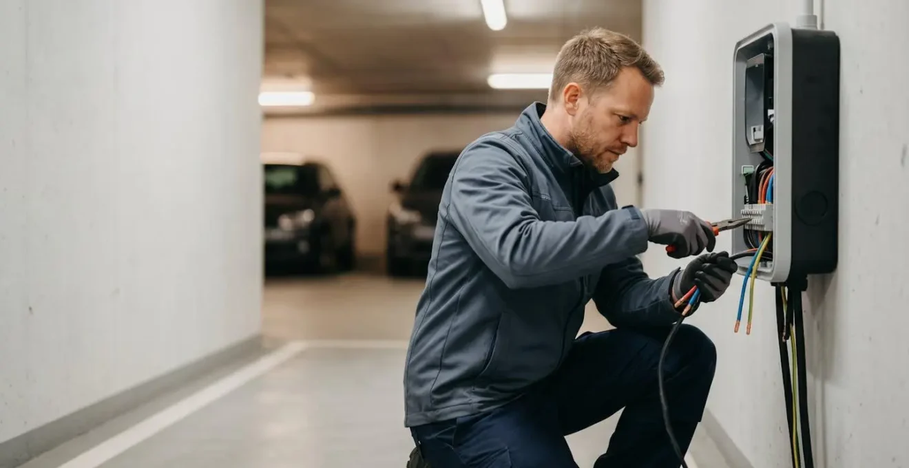 Professionnel installant une borne de recharge électrique dans un parking de copropriété moderne