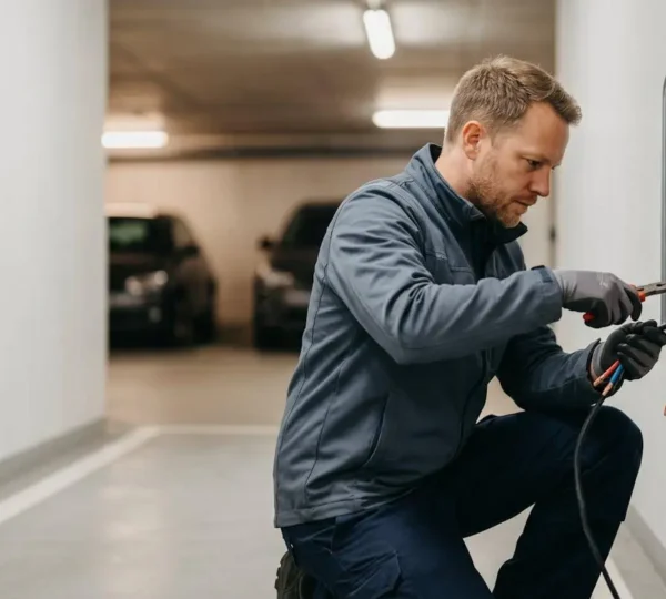 Professionnel installant une borne de recharge électrique dans un parking de copropriété moderne