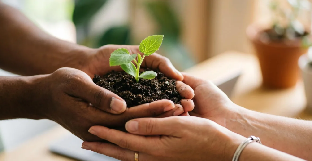 Mains tenant délicatement une jeune pousse verte symbole de croissance et d'impact positif