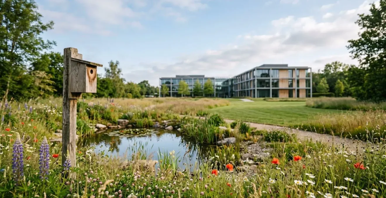Espace vert d'entreprise naturel accueillant la biodiversité avec végétation spontanée et habitat pour les oiseaux