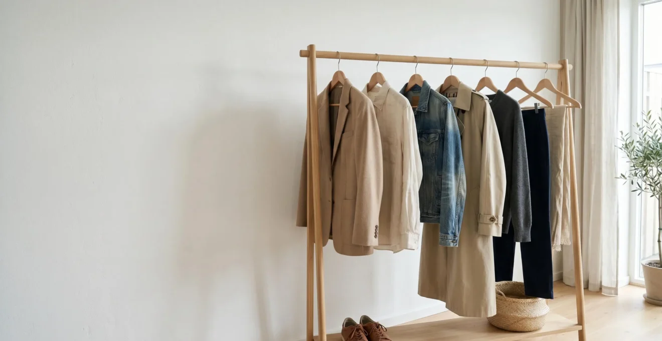 Garde-robe minimaliste avec vêtements durables de qualité suspendus sur cintres en bois