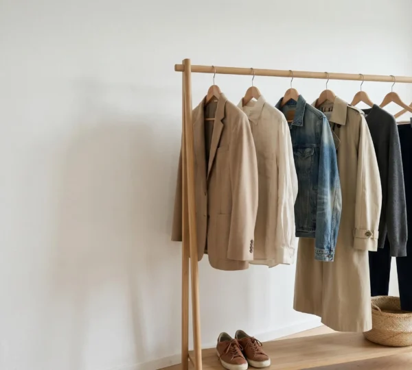 Garde-robe minimaliste avec vêtements durables de qualité suspendus sur cintres en bois