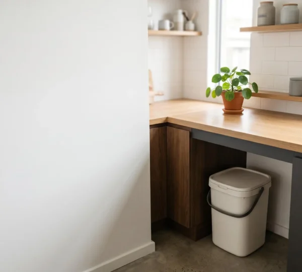 Cuisine d'appartement moderne avec composteur de biodéchets intégré