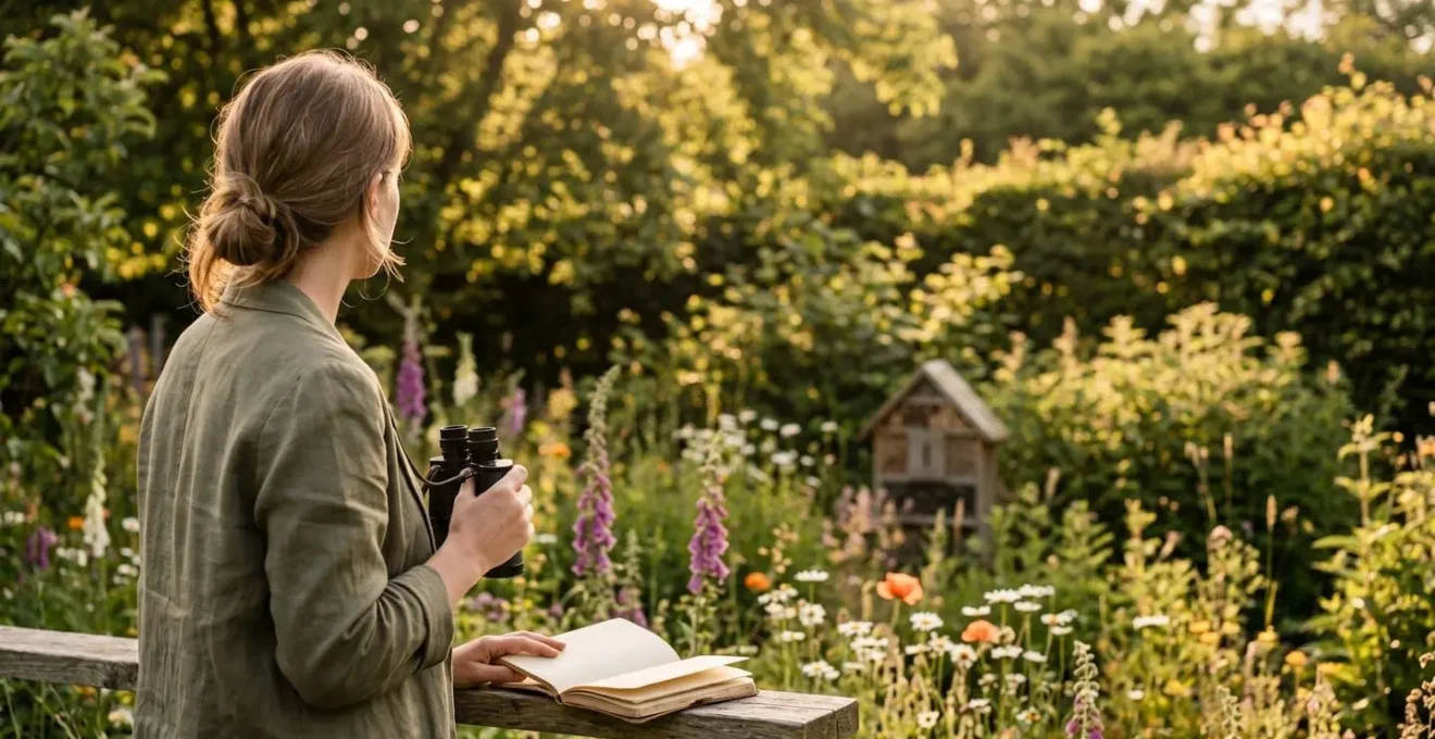 Observation naturaliste dans un jardin fleuri avec jumelles et carnet de notes