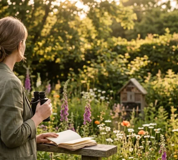 Observation naturaliste dans un jardin fleuri avec jumelles et carnet de notes