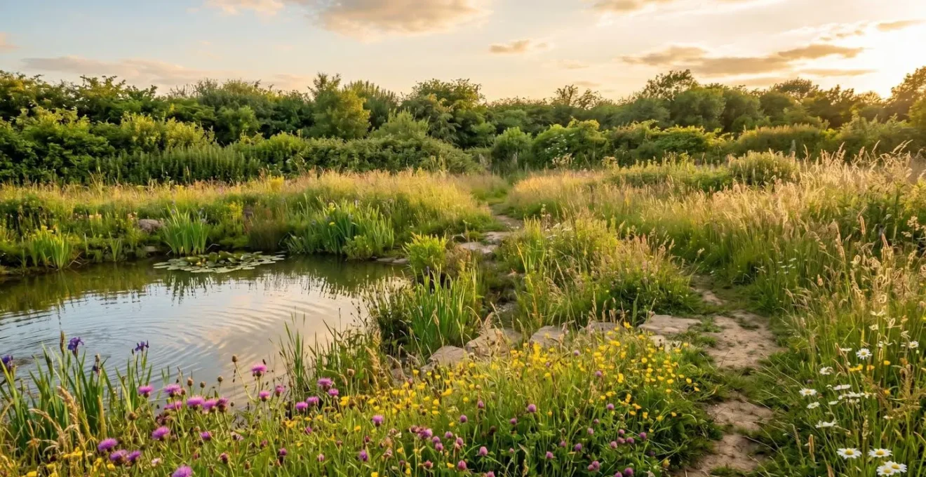 Un jardin naturel luxuriant accueillant une grande diversité d'espèces animales et végétales, symbole de refuge pour la biodiversité