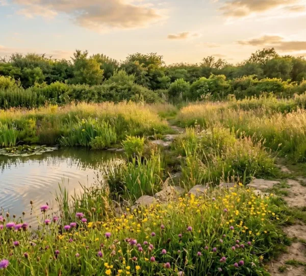 Un jardin naturel luxuriant accueillant une grande diversité d'espèces animales et végétales, symbole de refuge pour la biodiversité