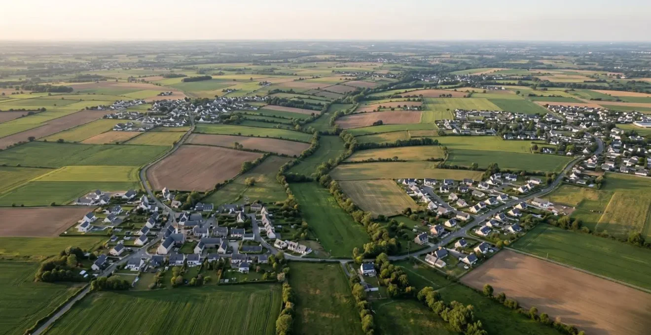 Vue aérienne d'un territoire français montrant la transition entre zones agricoles naturelles et zones urbaines existantes avec des espaces de densification