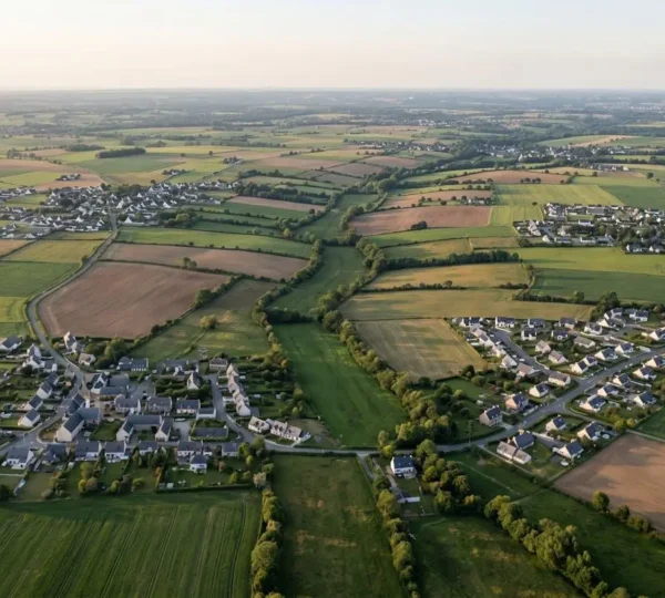 Vue aérienne d'un territoire français montrant la transition entre zones agricoles naturelles et zones urbaines existantes avec des espaces de densification