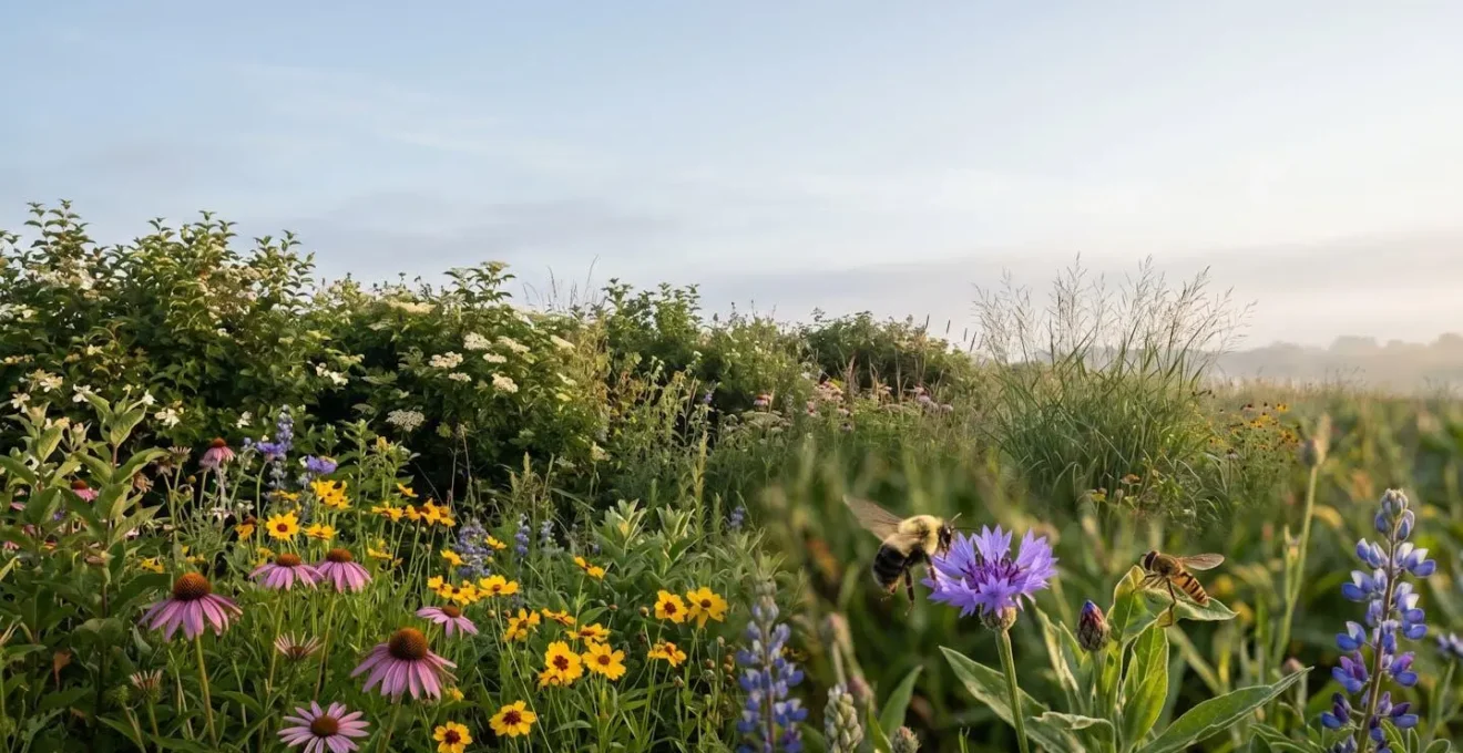 Jardin naturel préservant la biodiversité avec pollinisateurs et prédateurs naturels