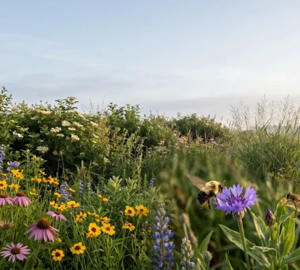 Jardin naturel préservant la biodiversité avec pollinisateurs et prédateurs naturels