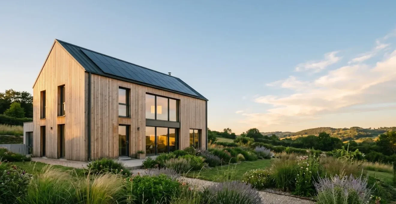 Maison contemporaine à énergie positive avec panneaux solaires intégrés valorisant l'immobilier écologique