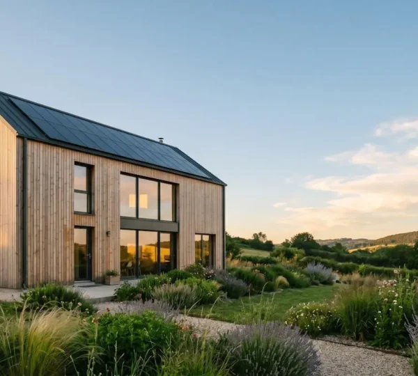 Maison contemporaine à énergie positive avec panneaux solaires intégrés valorisant l'immobilier écologique