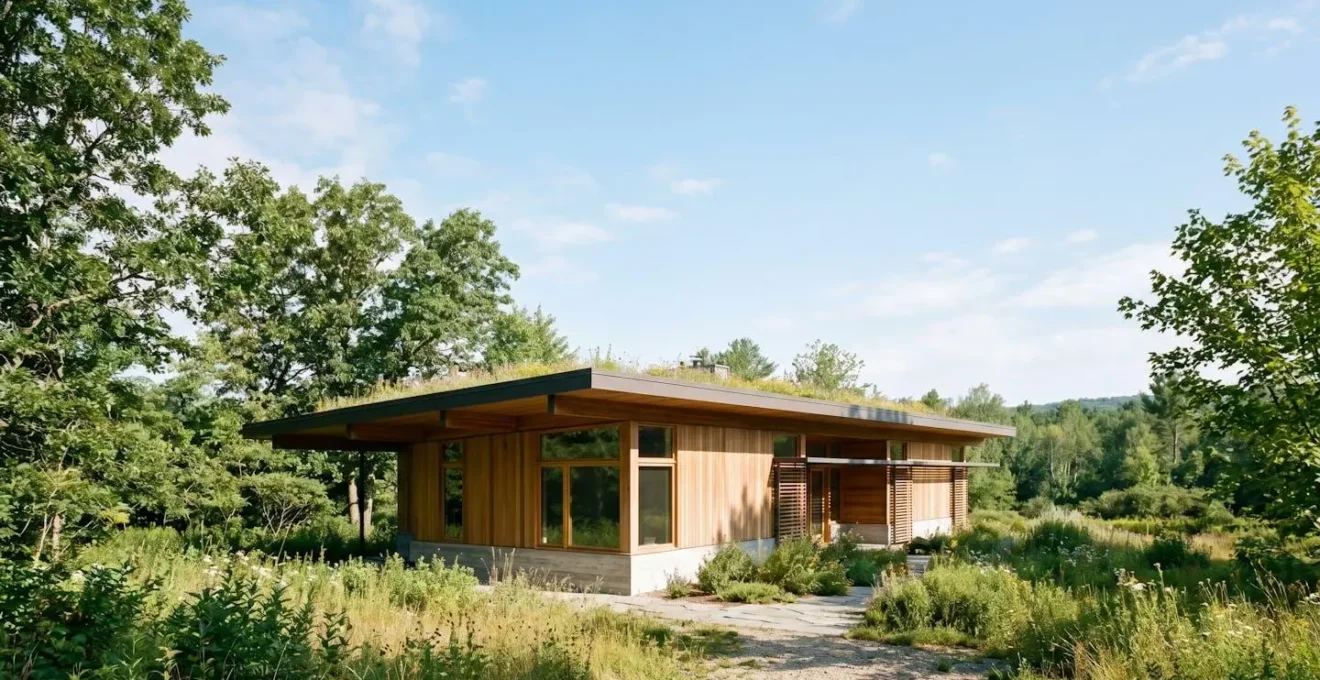 Vue extérieure d'une maison contemporaine avec larges débords de toiture et végétation environnante par temps ensoleillé