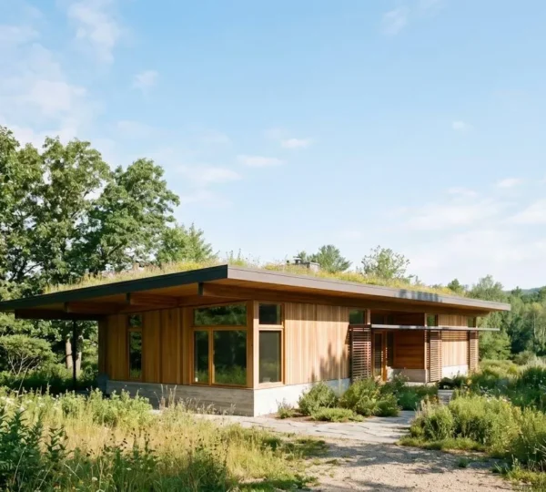 Vue extérieure d'une maison contemporaine avec larges débords de toiture et végétation environnante par temps ensoleillé