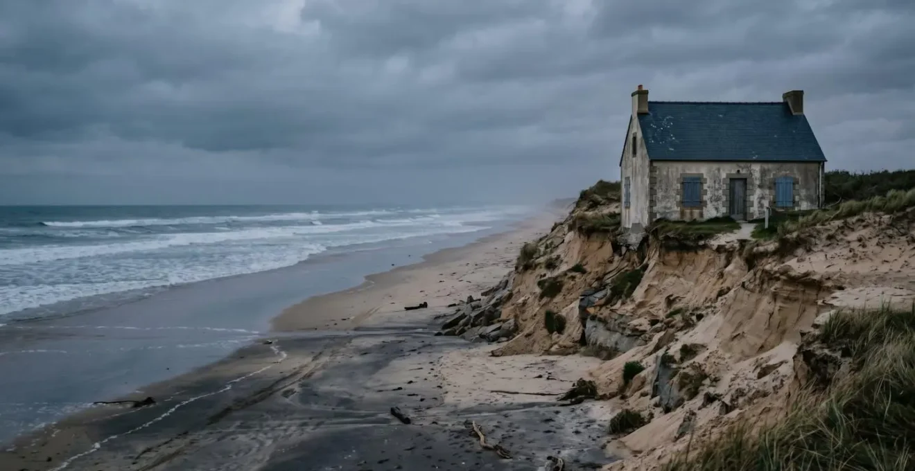 Maison côtière française face à l'érosion marine avec dune affaissée