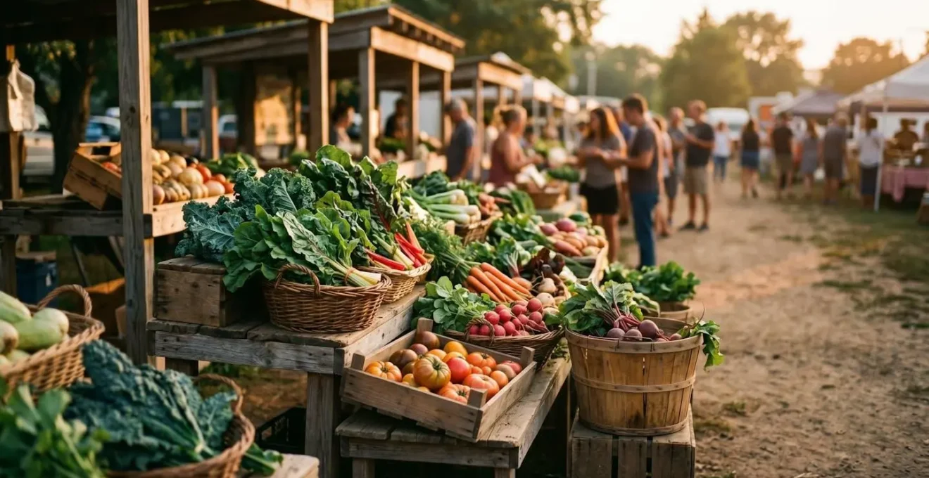 Scène de marché de producteurs avec légumes frais de saison dans une ambiance naturelle et chaleureuse