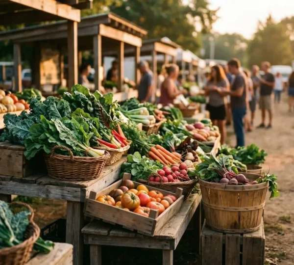 Scène de marché de producteurs avec légumes frais de saison dans une ambiance naturelle et chaleureuse