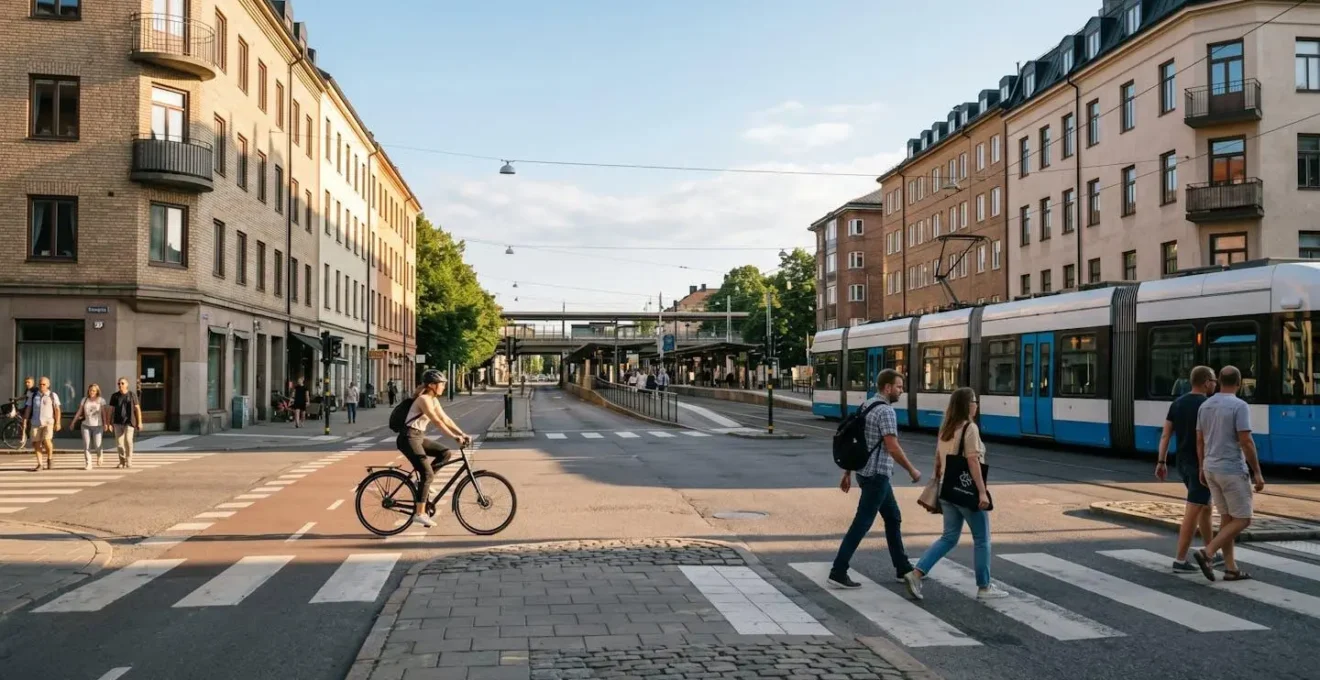Scène urbaine montrant divers modes de transport écologiques en circulation