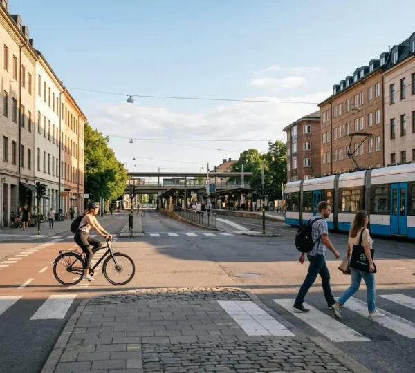 Scène urbaine montrant divers modes de transport écologiques en circulation
