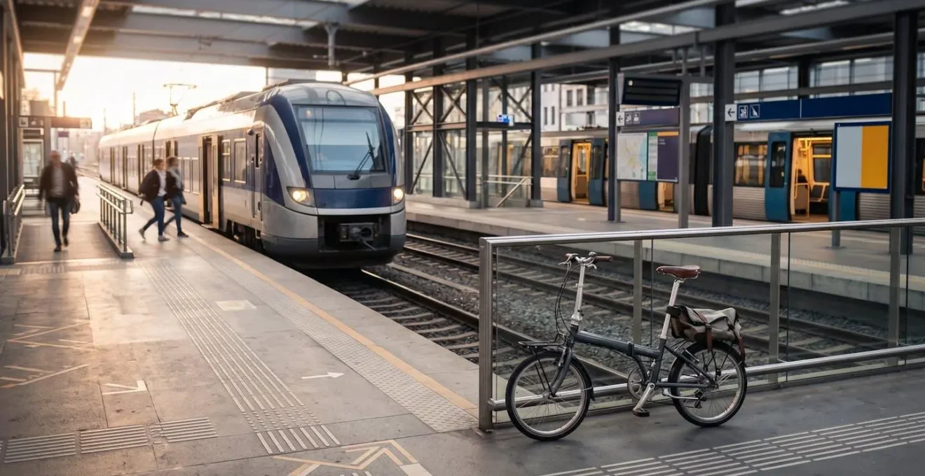 Scène de mobilité urbaine multimodale combinant train, vélo et métro pour trajets régionaux fluides