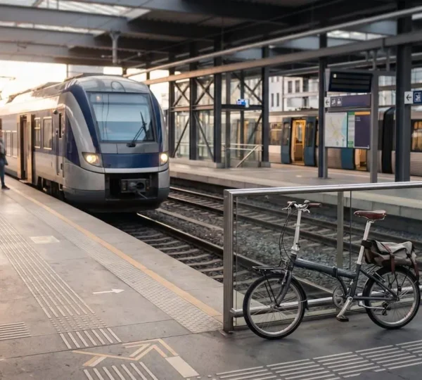 Scène de mobilité urbaine multimodale combinant train, vélo et métro pour trajets régionaux fluides