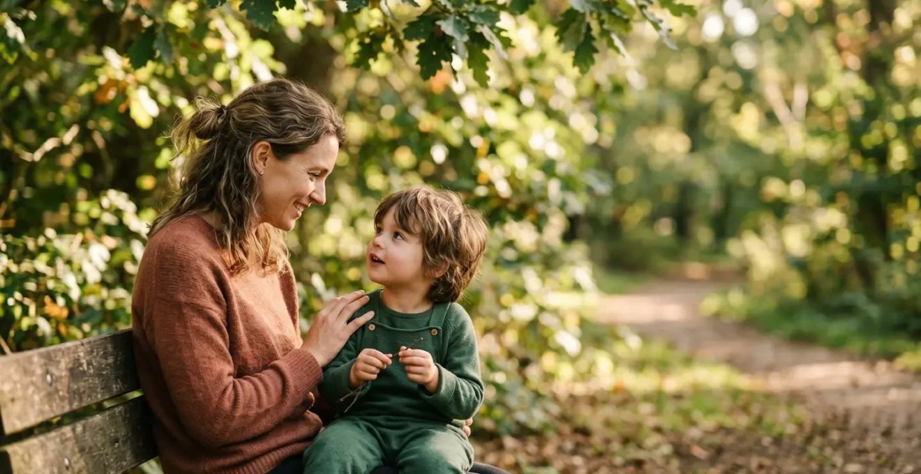 Parent et enfant en conversation apaisée dans un environnement naturel lumineux