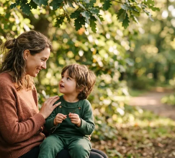 Parent et enfant en conversation apaisée dans un environnement naturel lumineux