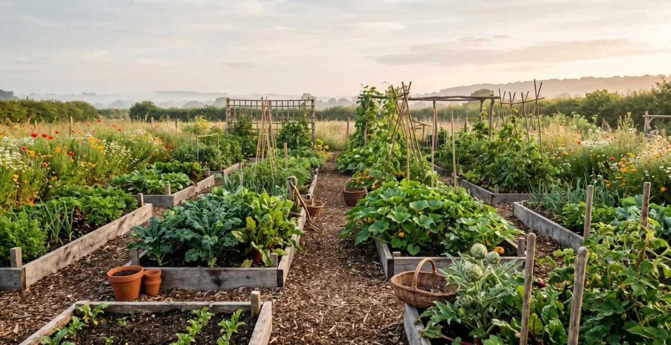 Vue d'ensemble d'un potager perpétuel diversifié avec légumes vivaces, courges et salades dans un jardin familial