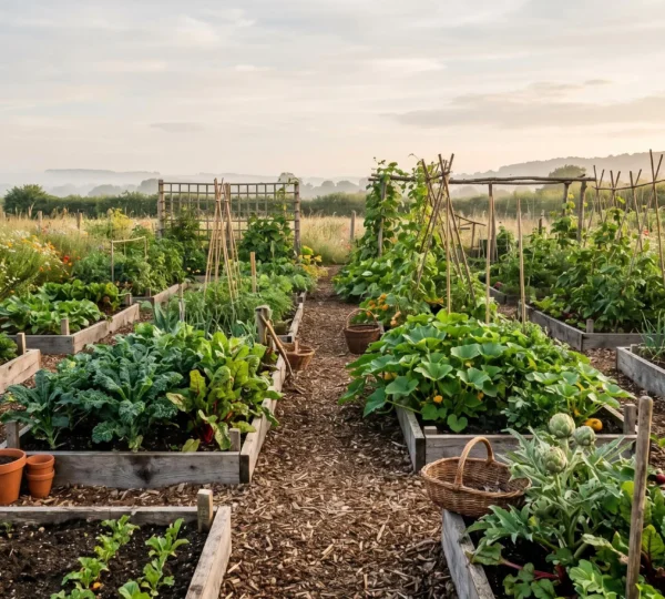 Vue d'ensemble d'un potager perpétuel diversifié avec légumes vivaces, courges et salades dans un jardin familial
