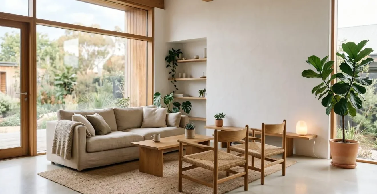 Intérieur moderne chaleureux avec lumière naturelle illustrant l'efficacité énergétique