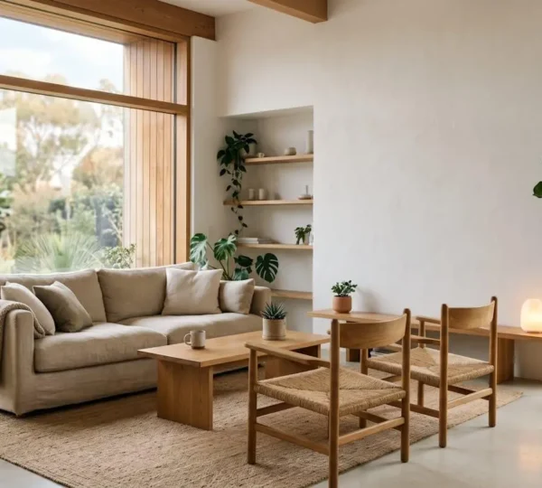 Intérieur moderne chaleureux avec lumière naturelle illustrant l'efficacité énergétique